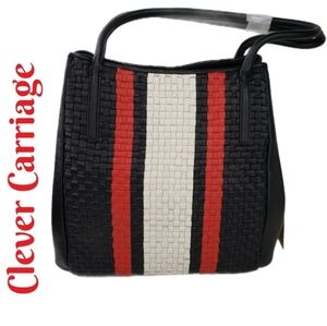 Clever Carriage Black Red & Ivory Striped Weaved Leather Beautiful Shoulder Bag